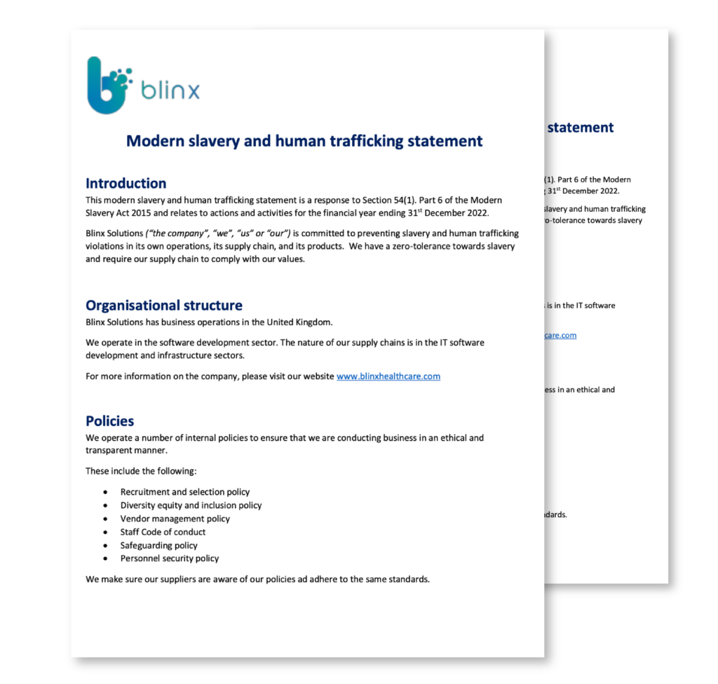 Image of Blinx Healthcare's anti slavery and human trafficking statement